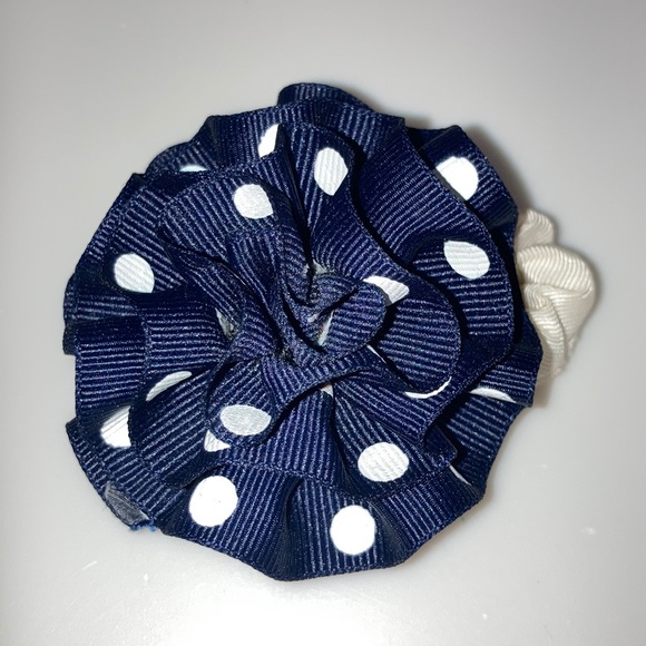 Navy & White Polka Dot Circular Round Larger Hair Bow Ponytail Holder - Picture 1 of 6